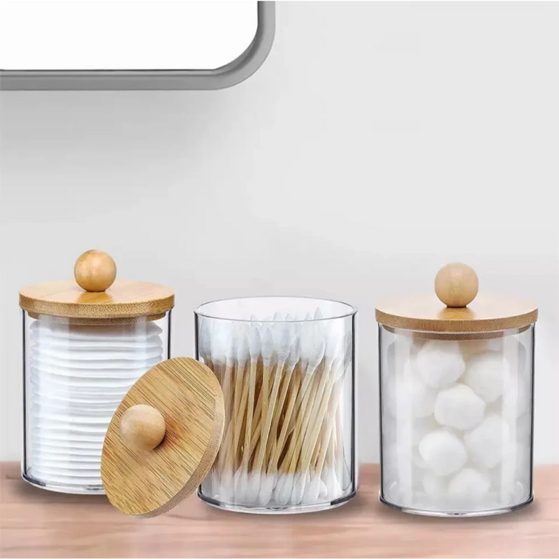 Kit Organizador em Acrílico com Bandeja e Tampa de Bambu – 3 em 1