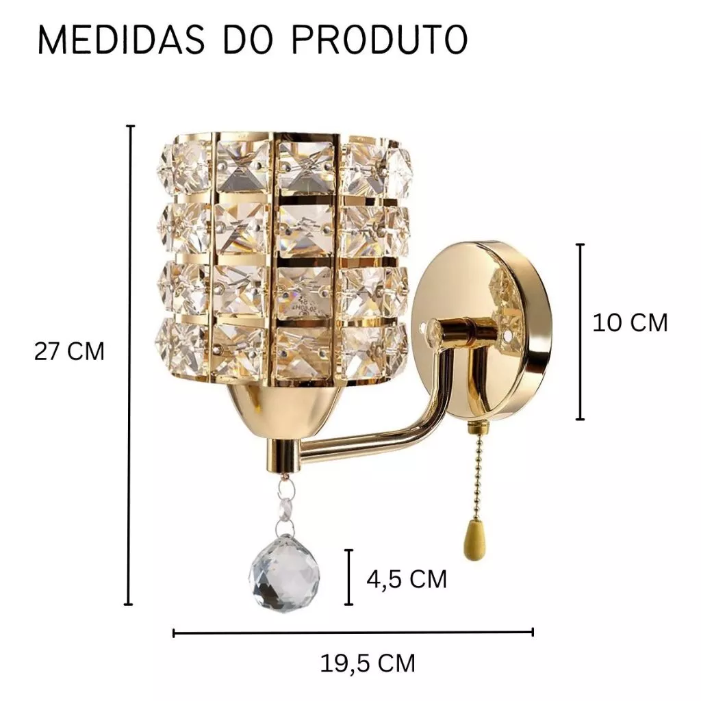 Kit com 2 Arandelas Decorativas de Cristal Luxo Dourado
