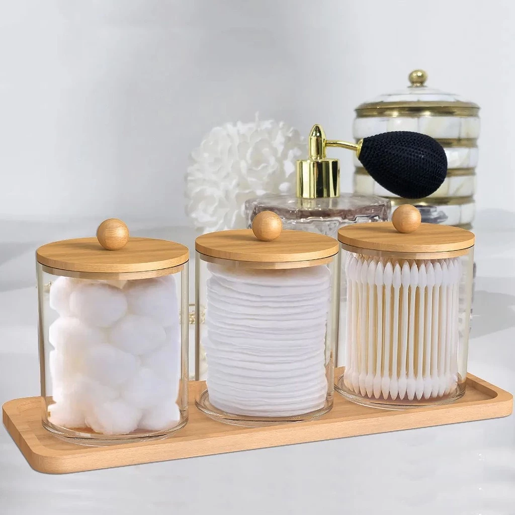 Kit Organizador em Acrílico com Bandeja e Tampa de Bambu – 3 em 1