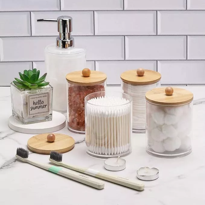 Kit Organizador em Acrílico com Bandeja e Tampa de Bambu – 3 em 1