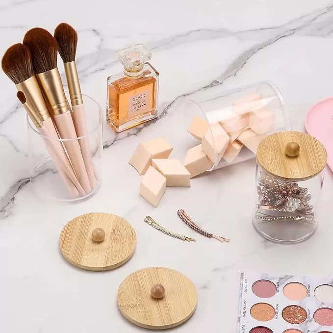 Kit Organizador em Acrílico com Bandeja e Tampa de Bambu – 3 em 1